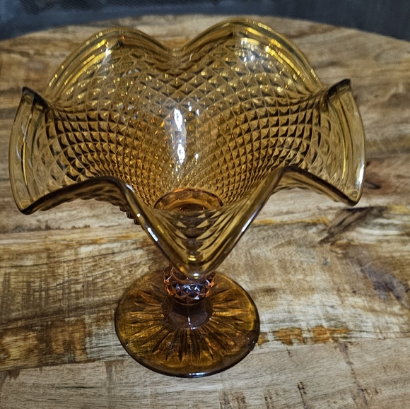 Indiana Glass Fluted Compote Diamond Point Candy Dish Amber Pedestal Ball Stem - Picture 8 of 11